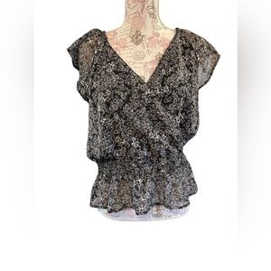 Japna Womens Shirt Cap Sleeve Sheer Blouse Crochet Lace Black Floral Size Large